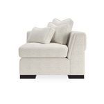 Slightly angled front view revealing clean lines and softness of seat cushions