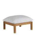 Monterey teak ottoman with light wood frame, square shape, white cushioned top, and brass leg caps