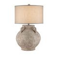 Pompeii Table Lamp with shorter body and light tan fabric shade on white background