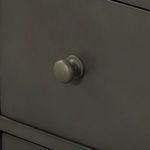 Close-up of single round metal drawer knob in gunmetal finish