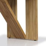 Detailed corner view focusing on teak wood grain at leg and tabletop joint