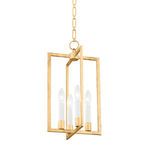 Small pendant light with four candle-style bulbs inside intersecting rectangular gold steel frames