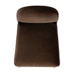 Top-down view of the padded seat and rounded backrest upholstered in chocolate brown velvet