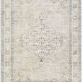 Lila Slate/Amber machine woven rug with central diamond medallion and intricate decorative border in muted slate and amber...
