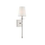 Savoy House Monroe 1-light sconce with satin nickel finish and white fabric shade in slender design