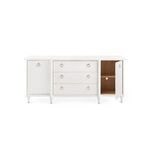 Open right door revealing interior wooden shelf and cable management hole