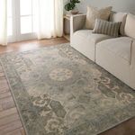 Rug laid in living room setting next to neutral sofa with pillows, hardwood floor and natural light