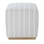Front view of the Dena Ottoman emphasizing its clean square silhouette and striped upholstery