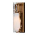 Brompton Brass Bath Wall Sconce with frosted glass shade hanging from curved antique brass metal frame on slim rectangular...