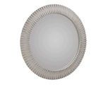 Round mango wood mirror with geometric textured rim in a light whitewashed finish