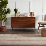 Rug positioned in front of wooden console cabinet with green plants and golden accents