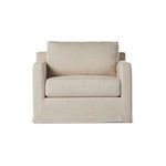 Front view highlighting boxy design and tailored slipcover skirt of oatmeal swivel chair
