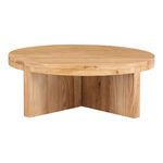 Folke round coffee table in solid white oak with a thick top and intersecting vertical base panels