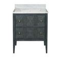 Corner shot focusing on detailed marble countertop and front drawer decorative rattan pattern