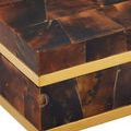 Close detail of corner showing intersection of penshell pieces and polished brass rim
