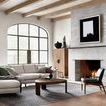 Window-lit living area featuring Braden chair near fireplace with arched steel frame windows