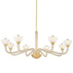 St. Lawrence chandelier with eight curved fluted champagne glass arms and upturned bowl-shaped opal seedy glass shades in ...