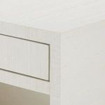 Close-up of Florence 2-Drawer End Table corner with textured sand white veneer