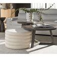 Muse Bunching Table shown in living room setting with plant on top, alongside plush round ottoman