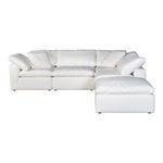 White modular sectional sofa with plush cushions and a right-side ottoman in a minimalist Scandi style
