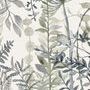 Botanical Garden I painting with delicate blue and green leafy plants and floral silhouettes on a light background
