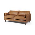 Reese 76" Almond Beech Sofa with two top-grain leather cushions, welted track arms, and tapered almond-finished legs