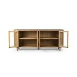 Smooth, patterned grain of drifted solid oak used in the sideboard cabinetry