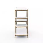 Side view showing four marble shelves with antique brass vertical frame supports