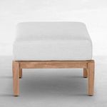 Front view of teak ottoman showing cushion height and leg alignment