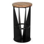Closer view of Nagoya Stool showing smooth white oak seat and matte black iron panels with round footrest