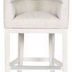White upholstered Emmett Performance Wood Flare Base Stool with angular seat and flared white wood legs