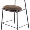 Kink Bar Stool with solid oak smoked finish backrest, round brown cushioned seat, and black metal legs with footrest bars