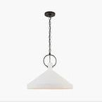 Side profile of pendant with extended iron chain suspension against white background