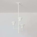 Alora chandelier with three white hand-sculpted scalloped floral shades on clean white metal framework with right angles