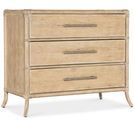 Three-drawer chest in sand-colored wood with curved legs and rope-wrapped corners