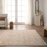 Rug set in cozy living room under cream sofa with striped pillows and light hardwood floors with bright natural light