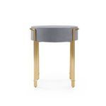 Back view of Bodrum side table with smooth linen-textured gray lacquer and brass legs