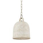 White ceramic large bell-shaped pendant light with heavy textured surface and curved handle on brass chain