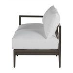 Side view focusing on couch profile showing thick white cushions and slim slate gray aluminum frame