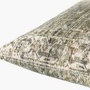 Close-up side view showing plush texture and detailed pattern of olive green vintage-inspired pillow fabric