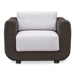 Soma outdoor accent chair with dark brown woven PE wicker frame and light heathered Olefin fabric cushions