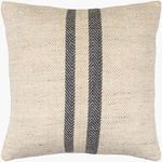 Neutral lumbar pillow with ivory base and two vertical charcoal herringbone stripes down center