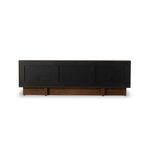 Front view of alternate black finish option with three recessed panel doors and walnut base