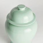 Close-up from above showing rounded lid cap and top curvature of the sage green ginger jar