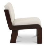 Side profile emphasizing deep cushioned seat, curved wood frame contour and flat back cushion