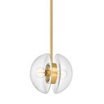 Kert 2-Light Small Pendant in aged brass with two clear glass hemispheres and exposed filament bulbs