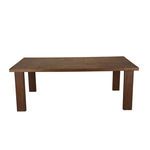 Rectangular outdoor dining table with a solid teak frame and brown inset ceramic tile top in a grid pattern