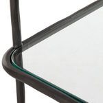angled close-up of gunmetal frame corner with tempered glass shelf edge and textured metal finish