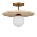 Apricity Semi-Flush Mount front view focusing on flat travertine disc and centered frosted globe