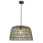 Pendant light with bulb illuminated showing woven paper rope shade and black ceiling mount